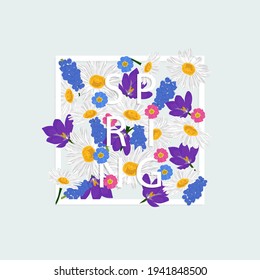 Floral background, isolated frame in spring flowers on blue background. Vector illustration.