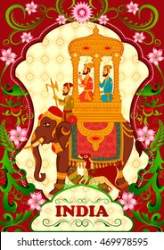 Floral background with King on elephant ride showing Incredible India in vector