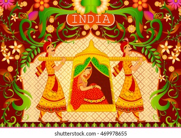 Floral background with Lady in palanquin showing Incredible India in vector