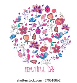 floral background floral ladybugs in a circle with inscription and a beautiful day