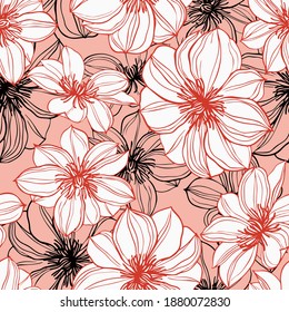 Floral background. Large flowers. Graphic line drawing. Botanical seamless pattern. Summer motif.