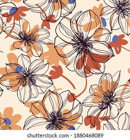 Floral background. Large flowers. Graphic line drawing. Botanical seamless pattern. Summer motif.