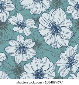 Floral background. Large flowers. Graphic line drawing. Botanical seamless pattern. Summer motif.