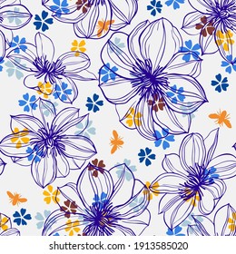 Floral background. Large flowers. Graphic line drawing. Botanical seamless pattern. Summer motif.