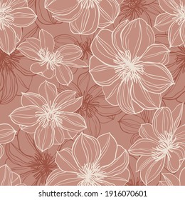 Floral background. Large flowers. Graphic line drawing. Botanical seamless pattern. Summer motif.