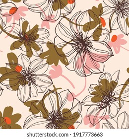 Floral background. Large flowers. Graphic line drawing. Botanical seamless pattern. Summer motif.