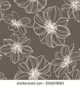 Floral Background. Large Flowers. Graphic Line Drawing. Botanical Seamless Pattern. Summer Motif.