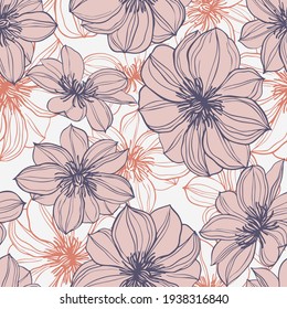 Floral background. Large flowers. Graphic line drawing. Botanical seamless pattern. Summer motif.