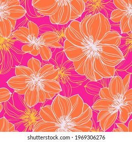 Floral background. Large flowers. Graphic line drawing. Botanical seamless pattern. Summer motif.