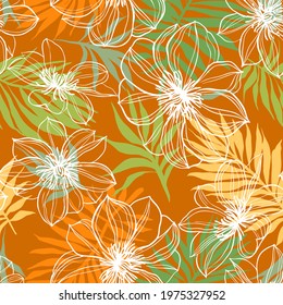 Floral background. Large flowers. Graphic line drawing. Botanical seamless pattern. Summer motif.