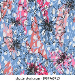 Floral background. Large flowers. Graphic line drawing. Botanical seamless pattern. Summer motif.