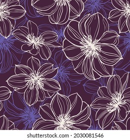 Floral background. Large flowers. Graphic line drawing. Botanical seamless pattern. Summer motif.