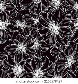 Floral background. Large flowers. Graphic line drawing. Botanical seamless pattern. Summer motif.