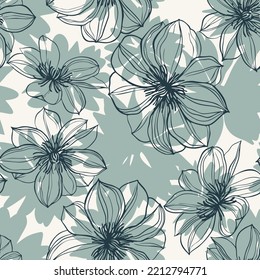 Floral background. Large flowers. Graphic line drawing. Botanical seamless pattern. Summer motif.