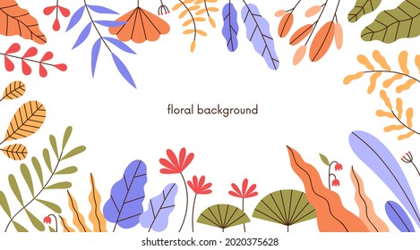 Floral background with leaf frame. Horizontal banner with modern botanical border art of abstract simple summer leaves and tropical plant. Flat vector illustration of trendy ornament on white backdrop