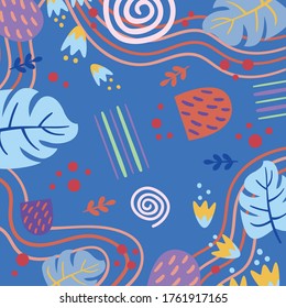 Floral background with leaf ornament on blue. Vintage design for wallpaper, fabric, scarf, digital paper