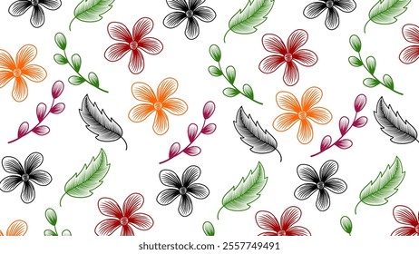 floral background, leaf seamless pattern. Seamless summer floral pattern with colorful flowers, leaves decorative wallpaper, background. Seamless floral pattern background set with flowers blooming