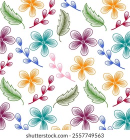 floral background, leaf seamless pattern. Seamless summer floral pattern with colorful flowers, leaves decorative wallpaper, background. Seamless floral pattern background set with flowers blooming