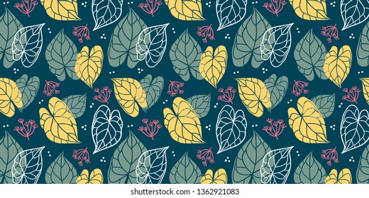 Floral background of leaves in flat style. Colorful leaf endless background for textile print, fabrics, wrapping paper, season design, card, decoration, invitation. Soft colours.