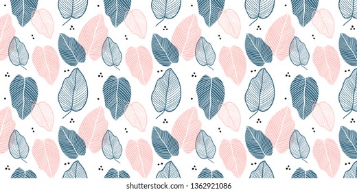 Floral background of leaves in flat style. Colorful leaf endless background for textile print, fabrics, wrapping paper, season design, card, decoration, invitation. Pastel colours.