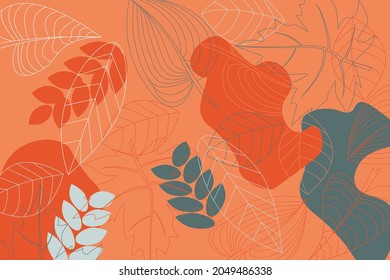 Floral background with leaves and shapes drawing in outline style organic colored