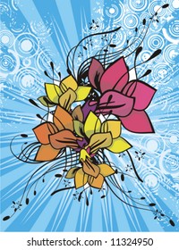 Floral background with light rays and grunge details, vector illustration series.
