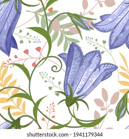 Floral background. Lilac flowers and grass on a white background. Vector illustration.