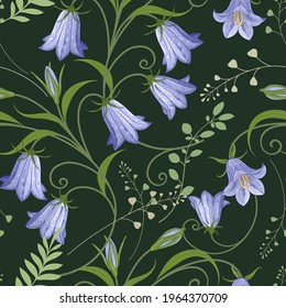 Floral background. Lilac flowers and grass on a green background. Vector illustration.