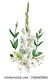Floral background. Lilies. Gladiolus. Green leaves. White. Isolated. Flowers.
