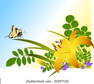 floral background with lily, green brunches and butterfly