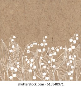 Floral background with lily of the valley and place for text. Vector illustration on a kraft paper. Invitation, greeting card or an element for your design.