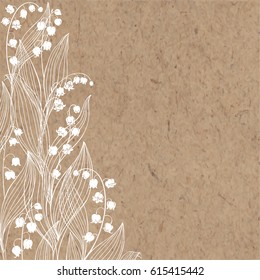 Floral background with lily of the valley and place for text. Vector illustration on a kraft paper. Invitation, greeting card or an element for your design.