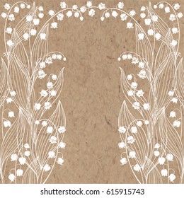 Floral background with lily of the valley and place for text. Vector illustration on a kraft paper. Invitation, greeting card or an element for your design.