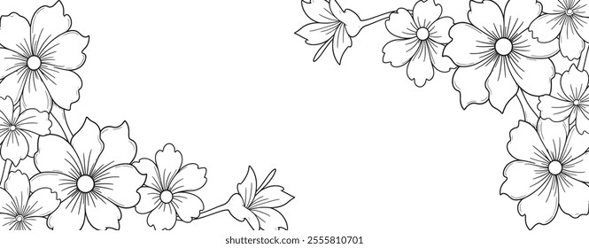 A floral background with line art flowers on white or transparent background. Banner or poster design template with flowers.