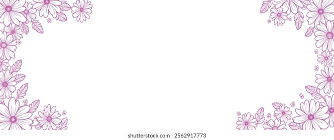 A floral background with line art flowers on white or transparent background. Banner or poster design template with flowers.