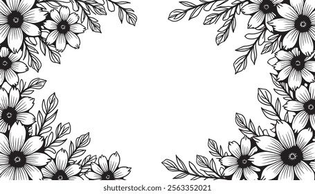 A floral background with line art flowers on white or transparent background. Banner or poster design template with flowers.