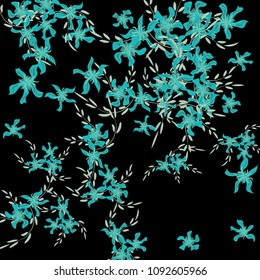 Floral Background. Little Flowers on Square Background. Lovely Lily. Chaotic Pattern. Spring Vector Bace for Print, Card, Poster. Summer Floral Texture on Black Background.