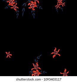Floral Background. Little Flowers on Square Background. Delicate Lily. Chaotic Pattern. Spring Vector Bace for Print, Card, Poster. Summer Floral Texture on Black Background.