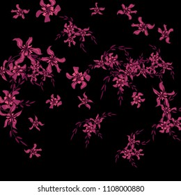 Floral Background. Little Flowers on Square Background. Delicate Lily. Chaotic Pattern. Spring Vector Bace for Card, Banner, Poster. Summer Floral Texture on Black Background.
