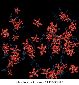 Floral Background. Little Flowers on Square Background. Delicate Lily. Chaotic Pattern. Spring Vector Bace for Card, Banner, Poster. Summer Floral Texture on Black Background.