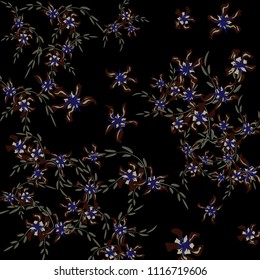 Floral Background. Little Flowers on Square Background. Lovely Lily. Chaotic Pattern. Spring Vector Bace for Print, Card, Poster. Summer Floral Texture on Black Background.