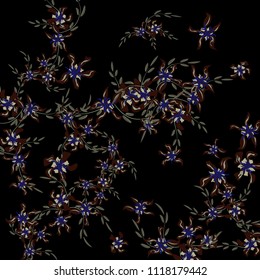 Floral Background. Little Flowers on Square Background. Cute Lily. Chaotic Pattern. Spring Vector Bace for Card, Banner, Poster. Summer Floral Texture on Black Background.