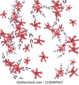 Floral Background. Little Flowers on Square Background. Lovely Lily. Chaotic Pattern. Spring Vector Bace for Print, Banner, Poster. Summer Floral Texture on White Background.