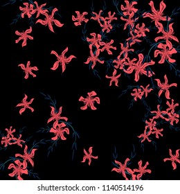 Floral Background. Little Flowers on Square Background. Delicate Lily. Chaotic Pattern. Spring Vector Bace for Print, Card, Poster. Summer Floral Texture on Black Background.