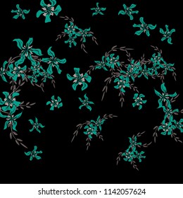 Floral Background. Little Flowers on Square Background. Delicate Lily. Chaotic Pattern. Spring Vector Bace for Print, Banner, Poster. Summer Floral Texture on Black Background.