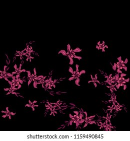 Floral Background. Little Flowers on Square Background. Cute Lily. Chaotic Pattern. Spring Vector Bace for Print, Banner, Poster. Summer Floral Texture on Black Background.