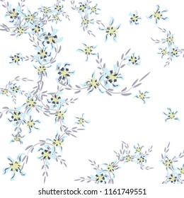 Floral Background. Little Flowers on Square Background. Cute Lily. Chaotic Pattern. Spring Vector Bace for Print, Card, Banner. Summer Floral Texture on White Background.