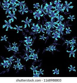 Floral Background. Little Flowers on Square Background. Cute Lily. Chaotic Pattern. Spring Vector Bace for Print, Card, Poster. Summer Floral Texture on Black Background.