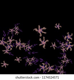 Floral Background. Little Flowers on Square Background. Cute Lily. Chaotic Pattern. Spring Vector Bace for Card, Banner, Poster. Summer Floral Texture on Black Background.