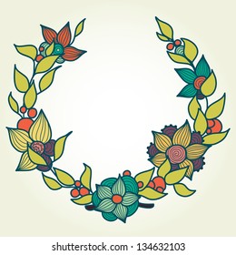 Floral background made of cartoon flowers, leaves and berries. Vector illustration.